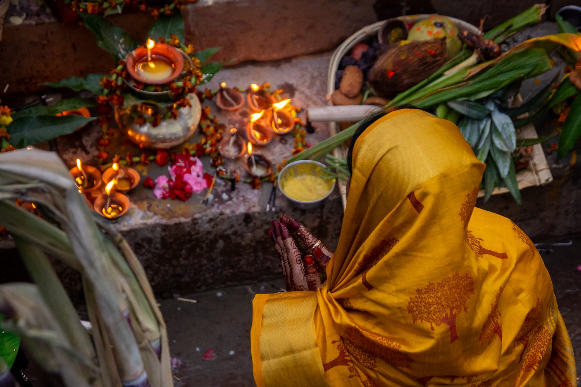 Prayer at Chhath Puja festival in Varanasi