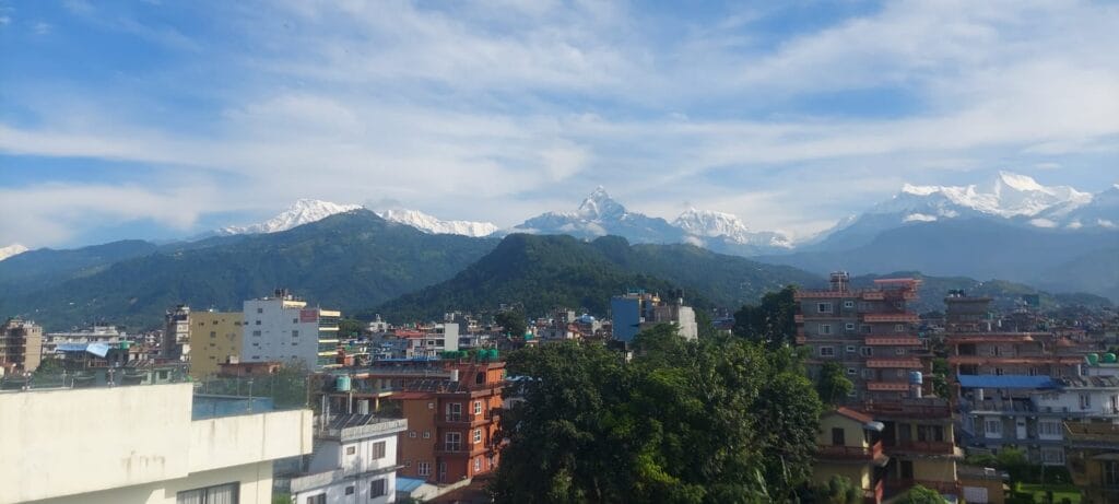 Panoramic view over Pokhara and the Annapurna Himalayas