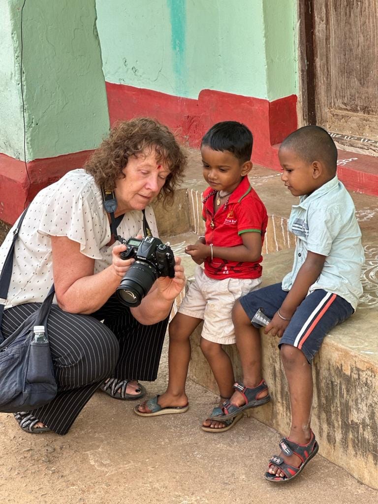 Travelers connecting in the local streets of India